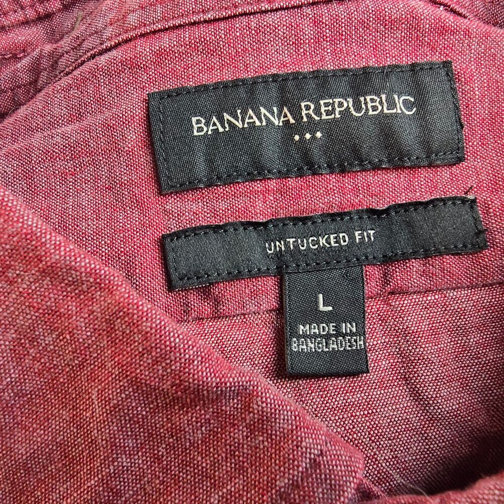 Banana Republic Shirt Men Large Red Solid Button Up Untucked Fit Chambray Preppy - Picture 7 of 9